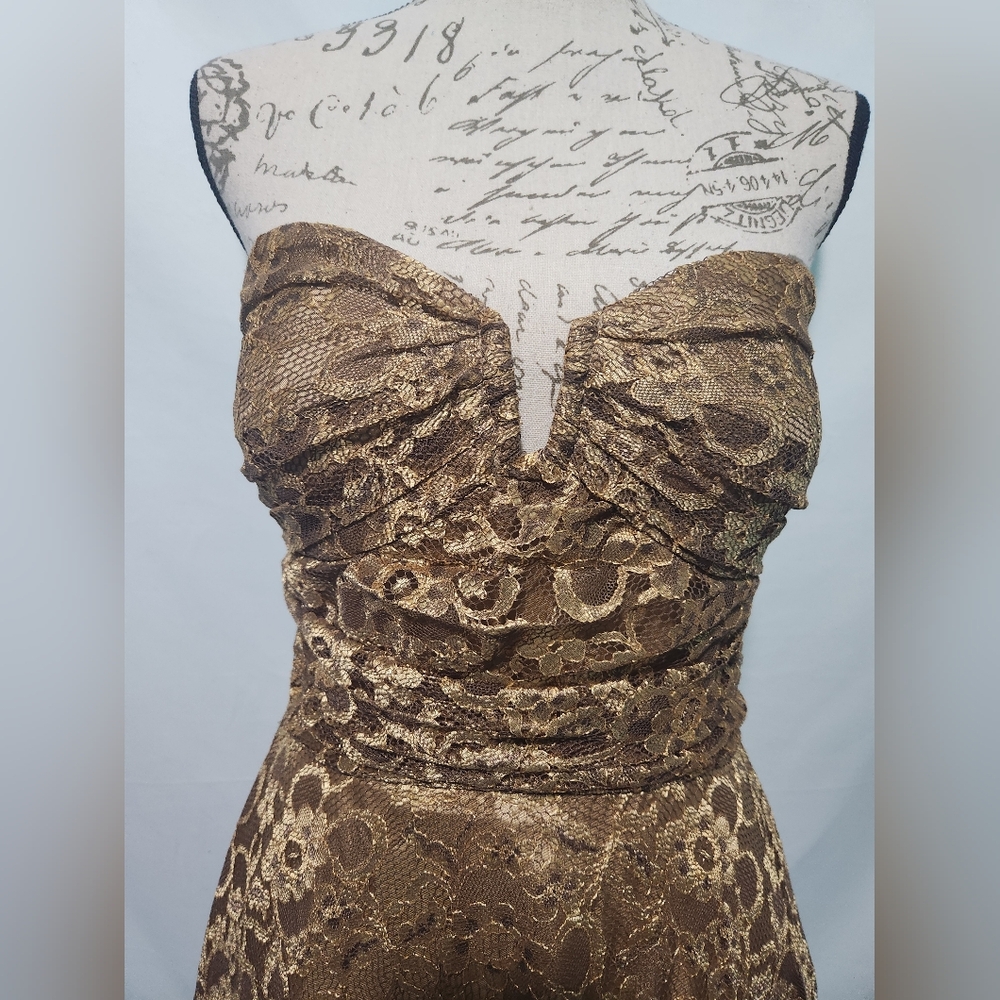 Y2K Niki by Niki Livas Golden Brown Lace & Tulle Strapless Formal Dress. Size 10
